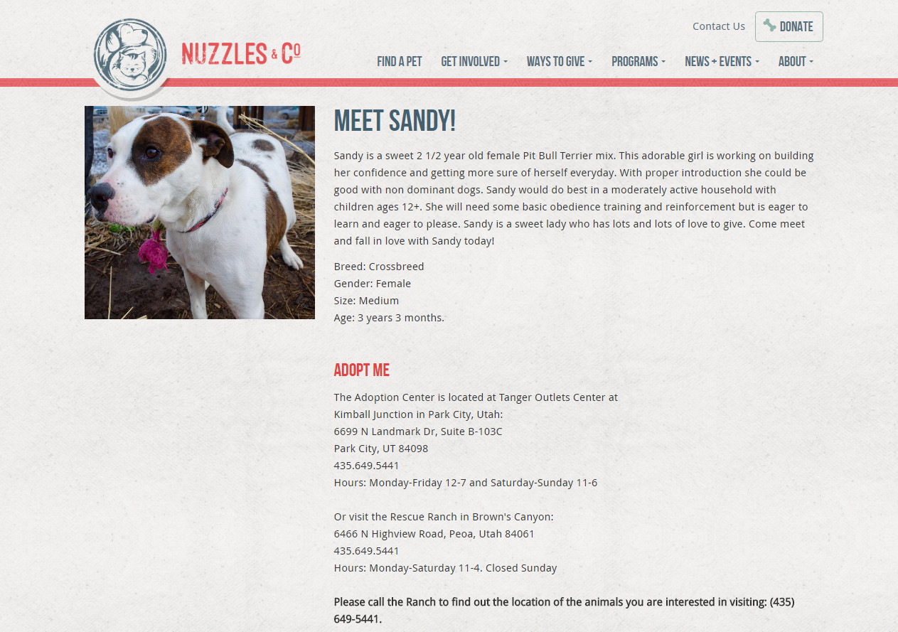 Nuzzles & Co pet detail page